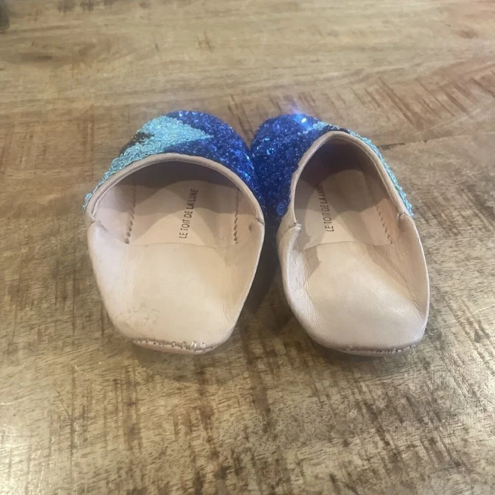 Le Toit de La Lune Handmade Leather Slippers Girls Size 8 Sequins Blue
